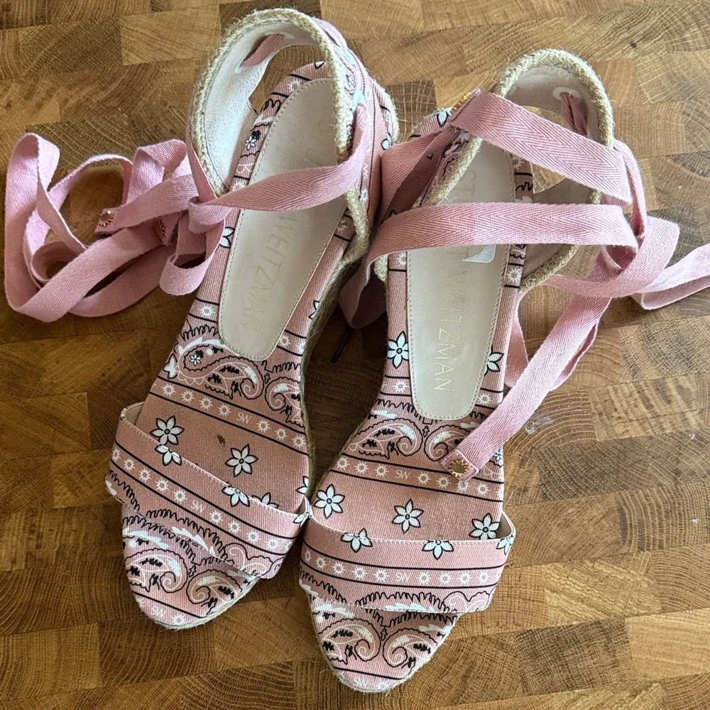 Stuart Weitzman Pink Paisley Espadrille Wedge Sandals